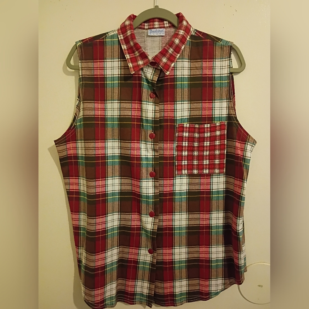 VTG Back Road‎ Blues Plaid Sleeveless  Shirt - Red & Brown Sz L